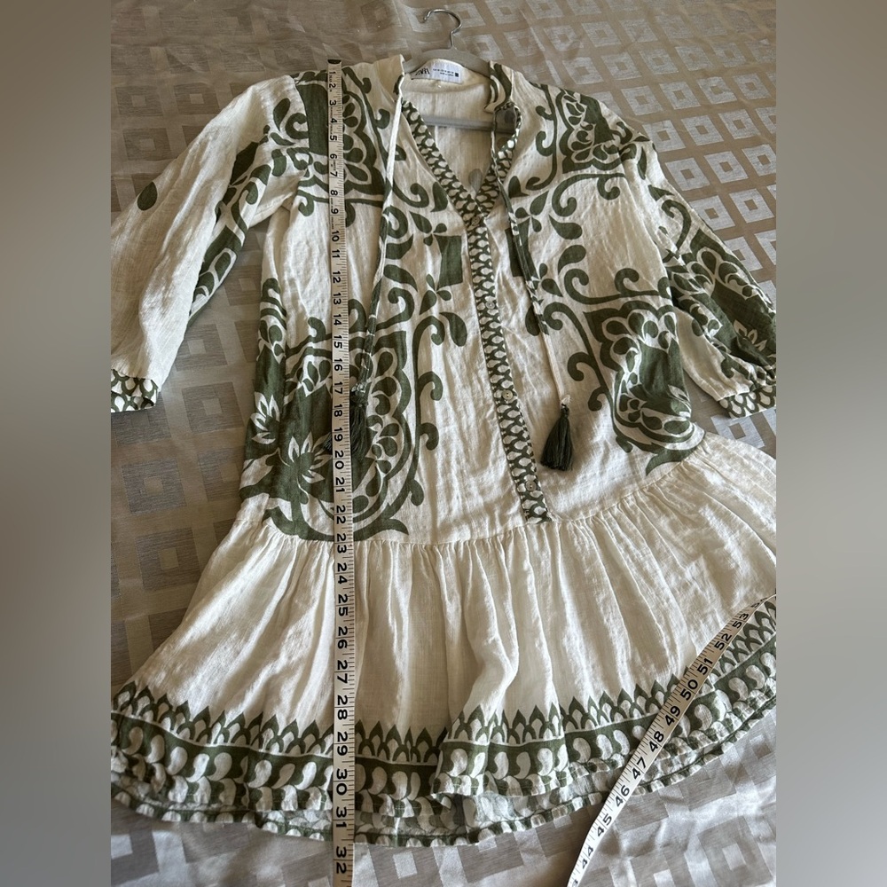Zara Ecru & Khaki Rustic Printed Mini Dress Size XS - Picture 7 of 10